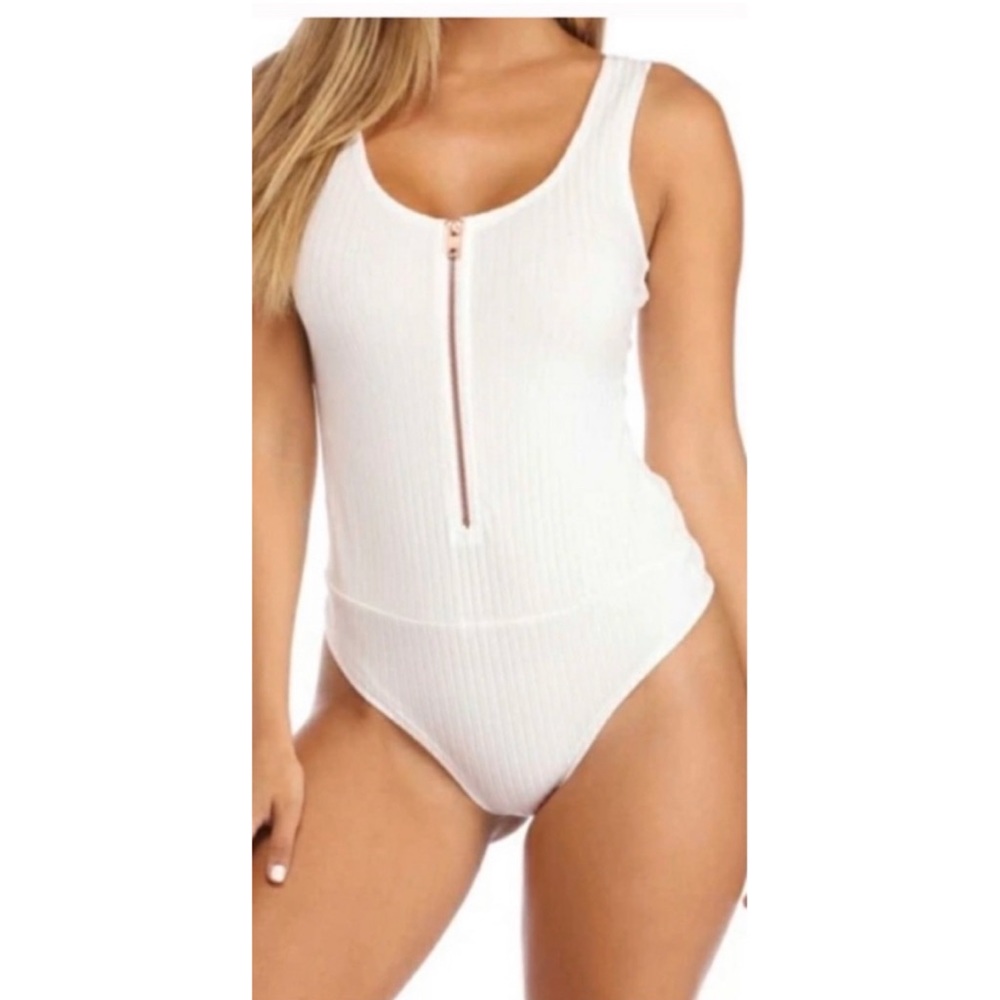 Zip Up Ribbed Tank Bodysuit White